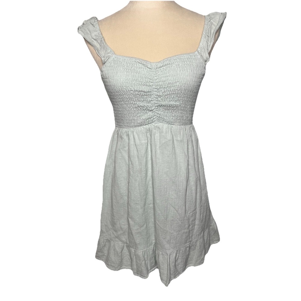 GAUDIE Smocked Bodice‎ Ruffle Tiered Summer Dress Pockets Sage Green S Y2K Beach
